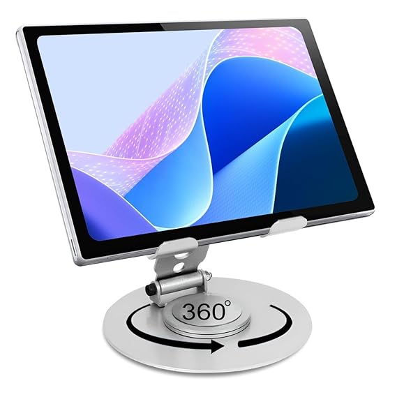 Elfora Heavy Duty Metal Adjustable Tablet Stand Holder for iPad, Tablets | with 360 Degree Rotation, Foldable & Portable Tablet Stand for Table, Office & Home (Silver)
